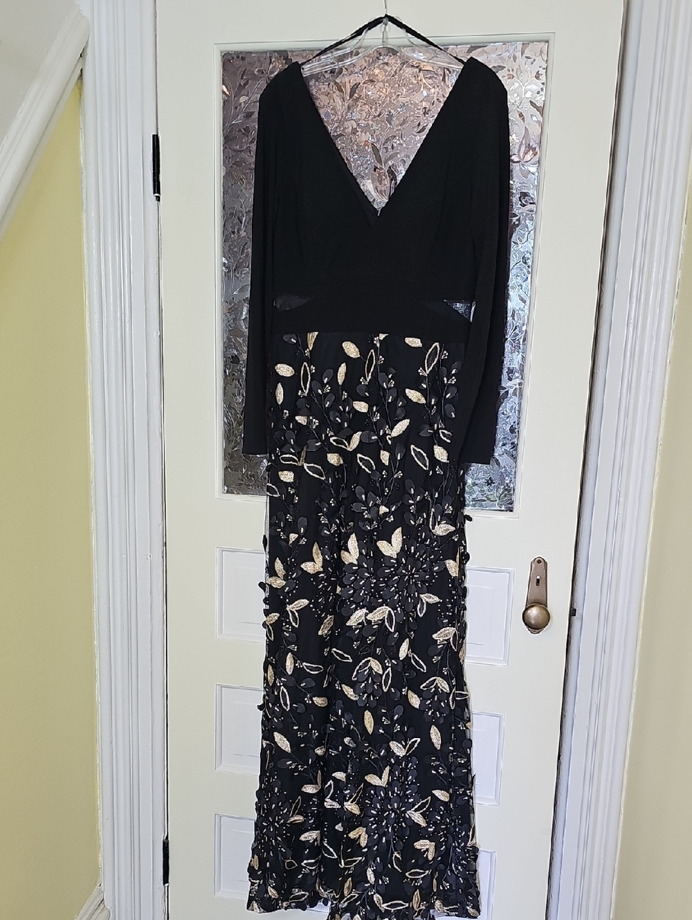 Xscape Black Maxi Dress with Gold Floral Embellishment